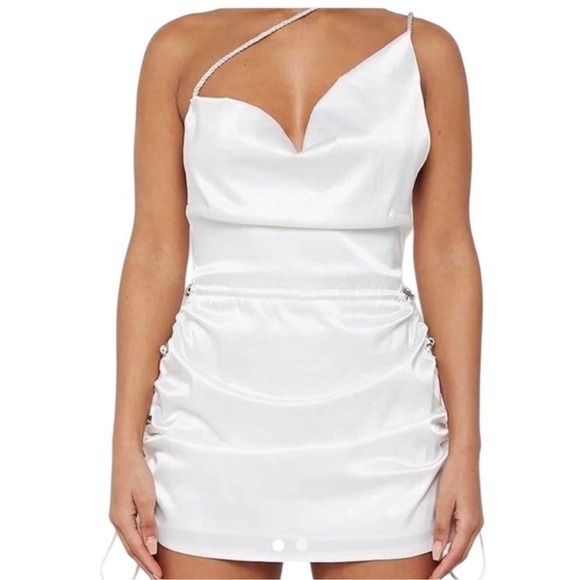 Maniere de Voir White Satiny Ruched Mini Dress 2 - Picture 2 of 9
